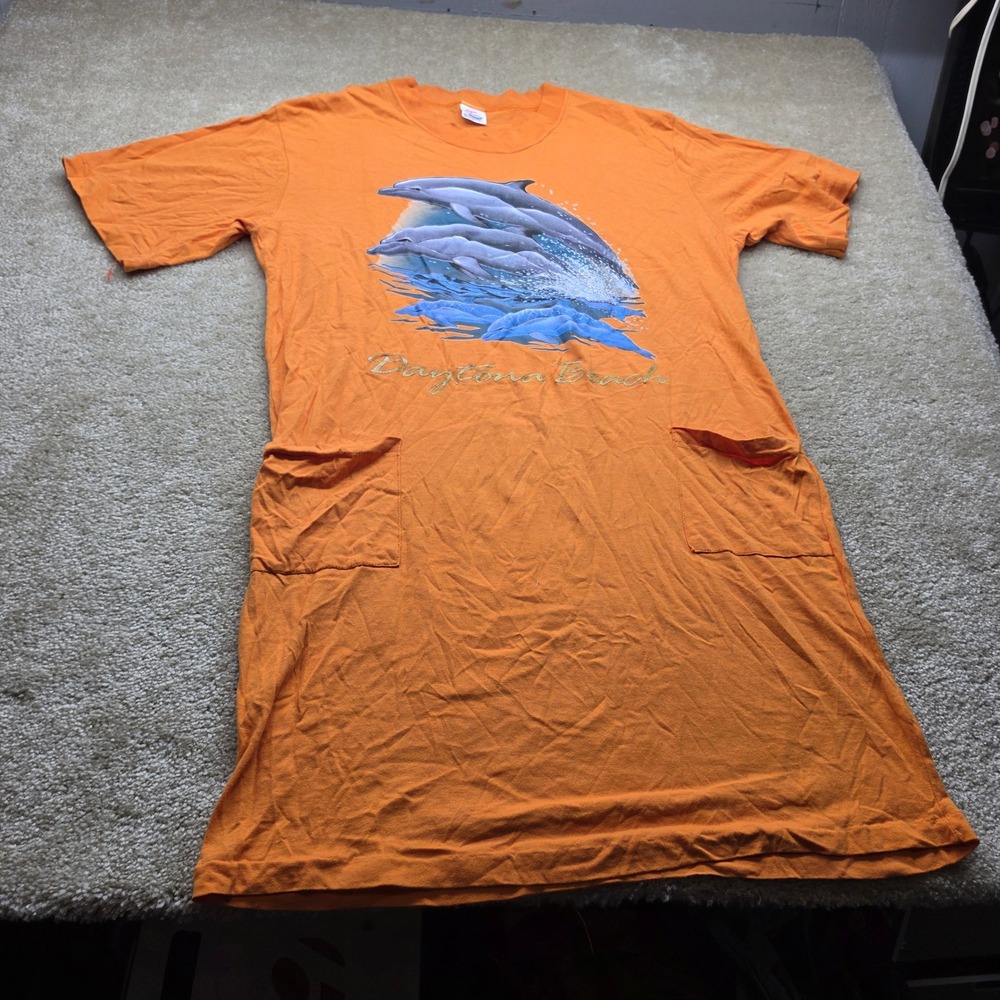 Vintage Ocean Fashions Daytona Beach Dolphin T-Shirt Dress Orange OSFA USA Made